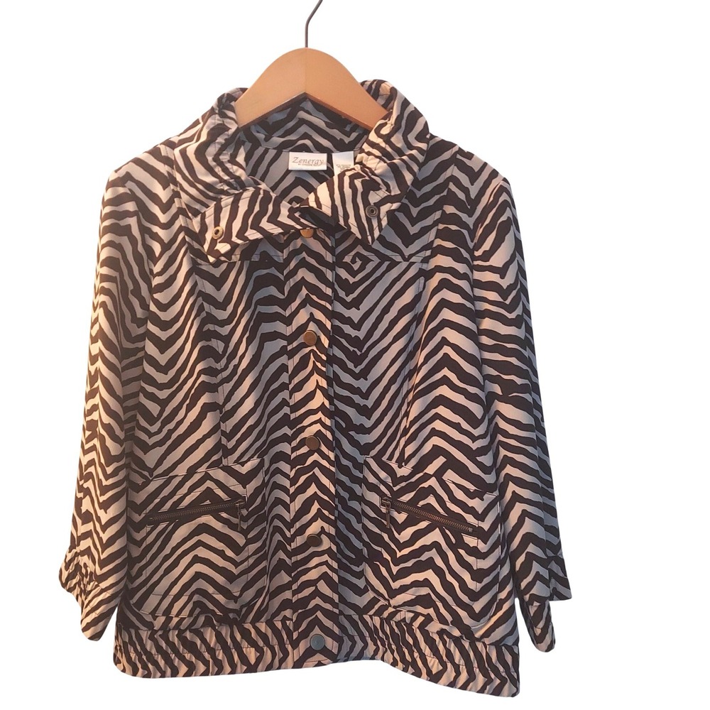 Chicos Zenergy Chic Zebra Print Y2K Revival Jacket Brown Cream Snap Front 1 M - Picture 2 of 8
